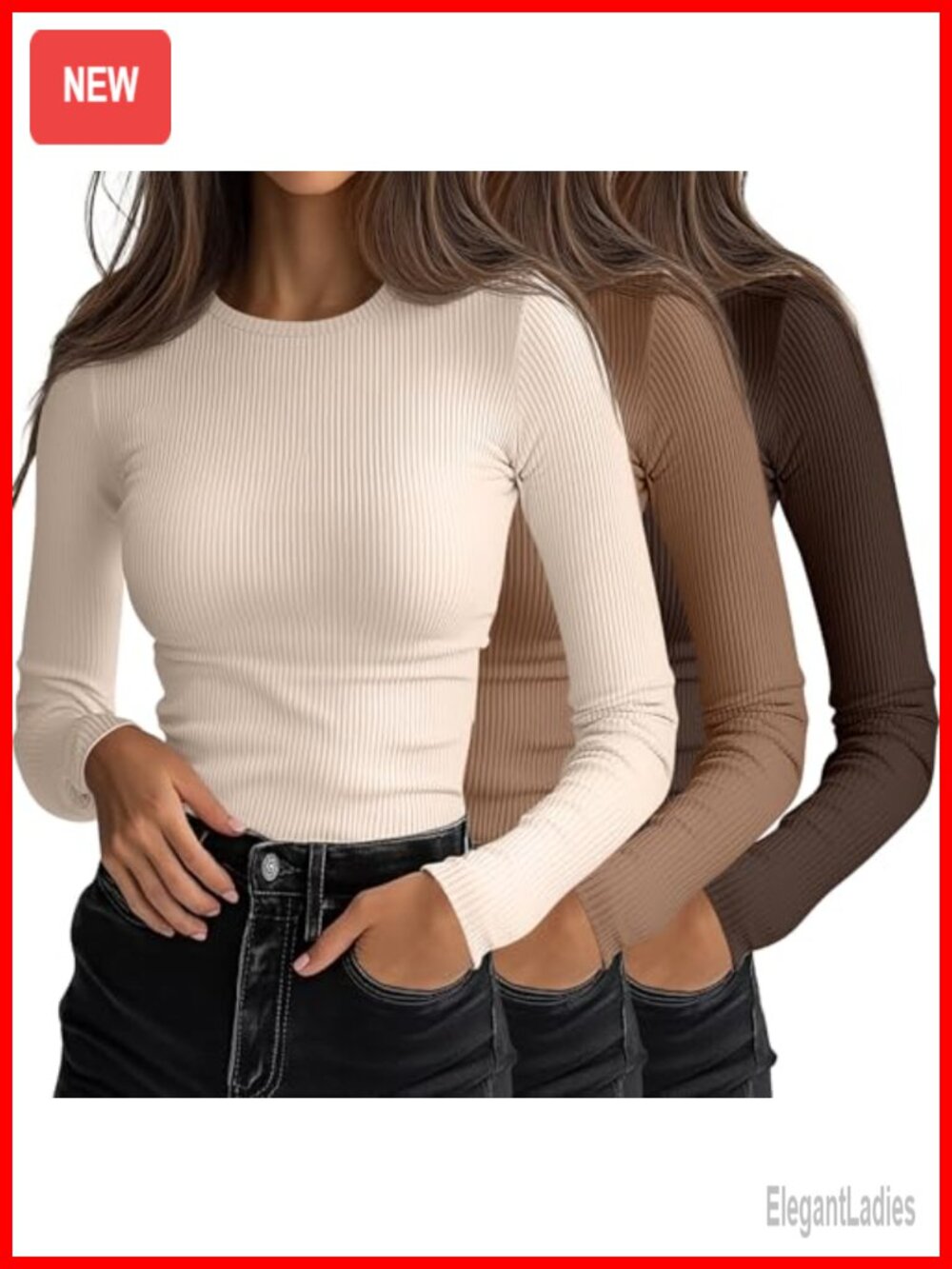 3 Pack Women's Ribbed Long Sleeve Fitted Crew Neck T-Shirts Slim Fit Stretch
